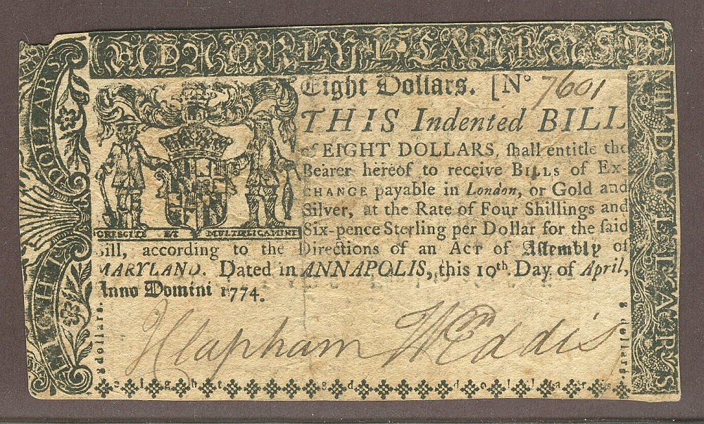 Maryland April 10, 1774, $8, XF